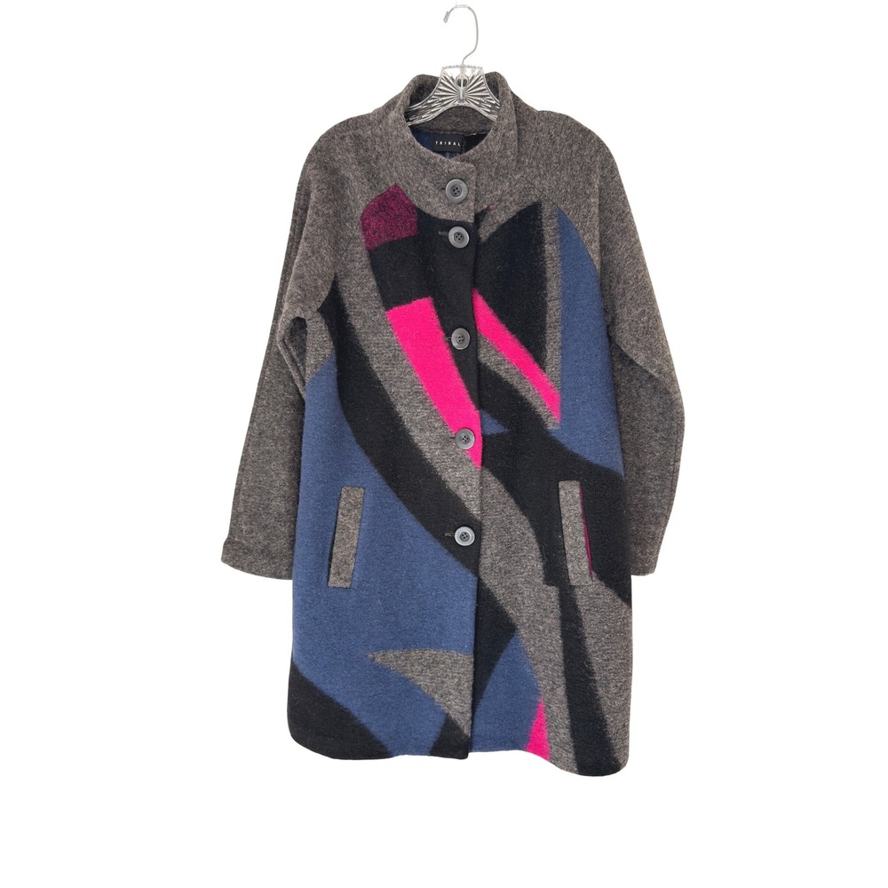 Tribal Jacket Women's Gray Wool Blend Aztec Soft Cozy Button Front‎ Medium